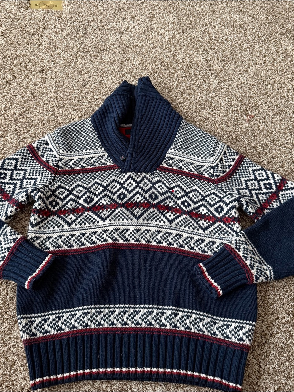 Tommy Hilfiger Fair Isle Chunky Knit Shawl Collar Sweater XS Cabin Core Heritage